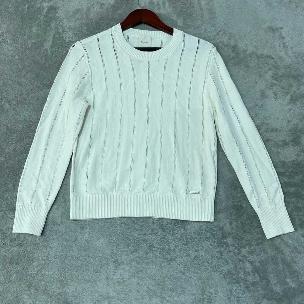 NWT Calvin Klein Women's S Pointelle Stripe Crewneck Knit Sweater Ivory Cotton